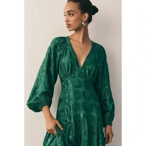 ANTHROPOLOGIE Farm Rio Floral Jacquard V-Neck Maxi Dress Green Petite Size NWT - Picture 3 of 4